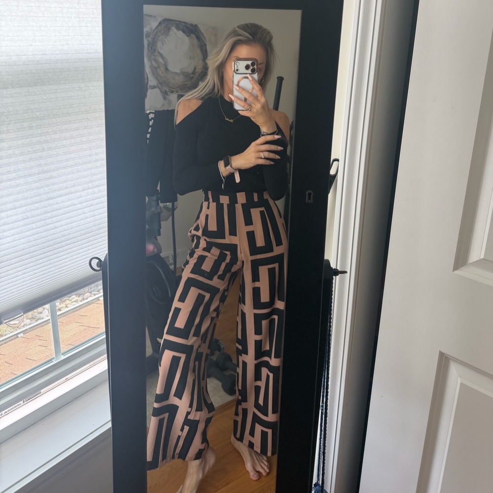 Wide Leg Geometric Print Pants - Black & Tan Fashion nova palazzo pants SMALL
